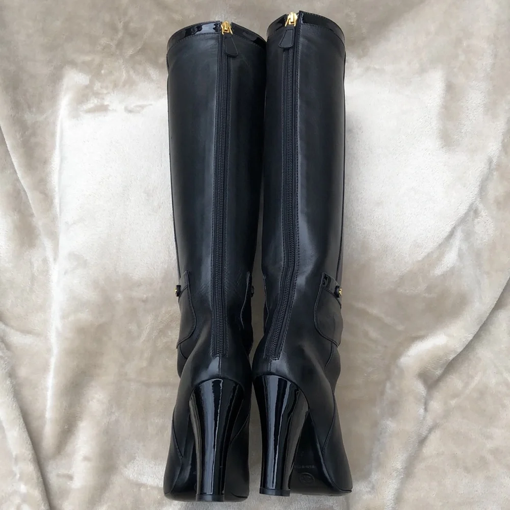 CHANEL Black Leather Tall Boots with Gold Accents - Picture 7 of 16